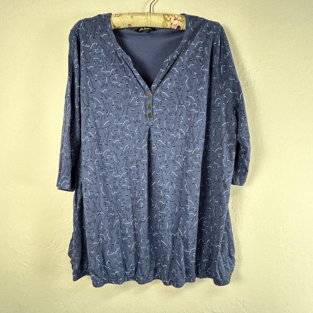 Ulla Popken Womens Plus Size 24/26 Blue Printed Henley Tunic Top 3/4 Sleeve